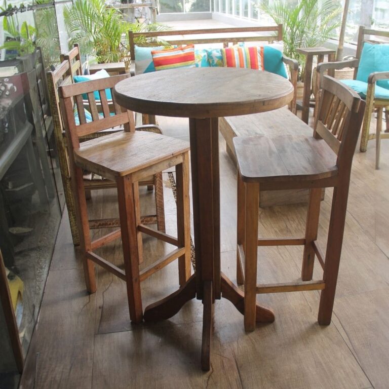Mesa Bistrô Redonda 0,60m C/ 2 Banquetas Alta Em Peroba Rosa Natural