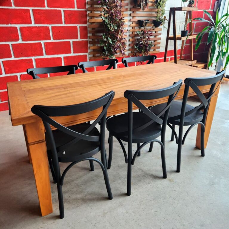 Conjunto Mesa de Jantar Premium Aparelhada 1,80x0,80m C/ 6 Cadeiras de Madeira Modelo Cross "X" Preta