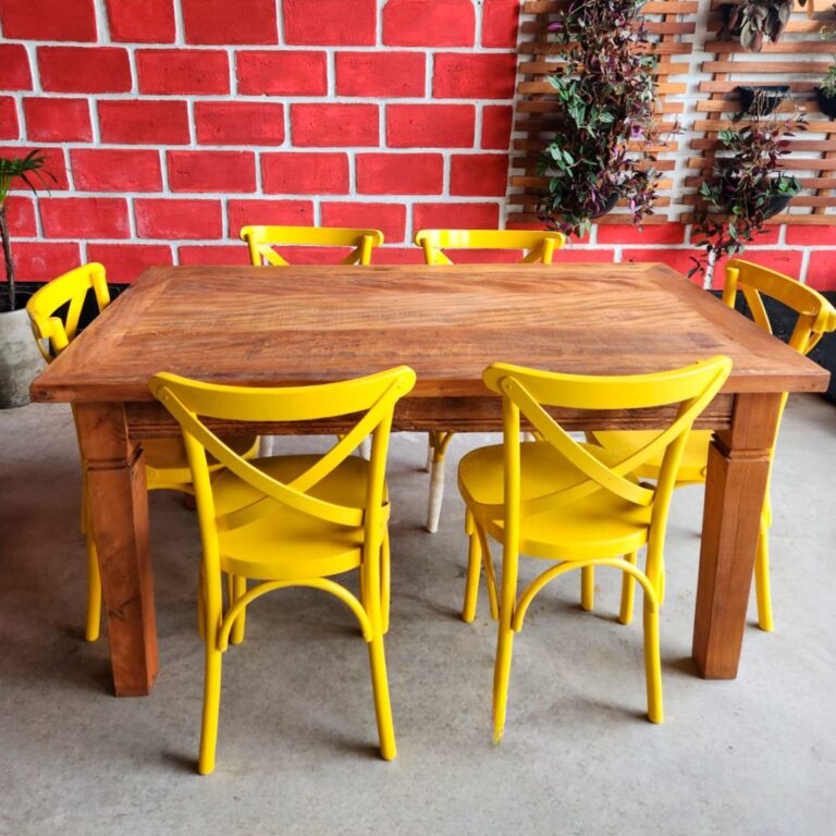 Conjunto Mesa de Jantar Premium Em Peroba Aparelhada 1,60x0,80m C/ 6 Cadeiras de Madeira Modelo Cross "X" Amarela